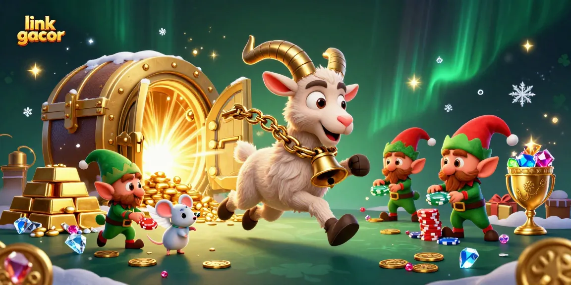 Experience link gacor gaming with Krampus, an angel mouse, and elf gremlins in a festive casino scene.