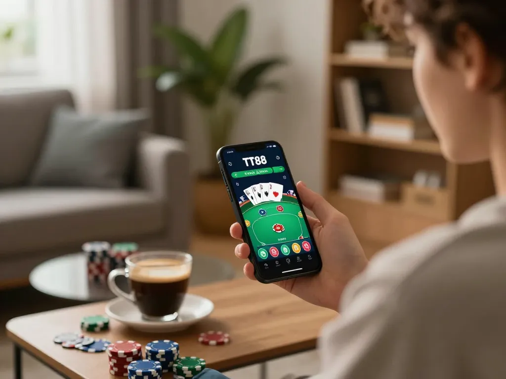 Experience exciting gaming on the TT88 app in a cozy home setting with strategic poker action.