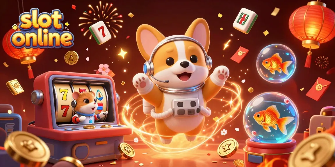 Permainan slot online yang menampilkan corgi astronot mengapung di kasino luar angkasa dengan simbol slot dan koin emas.