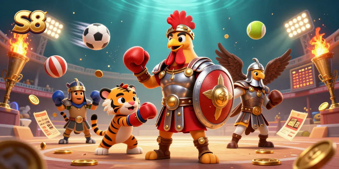 S8 features thrilling scenes of casino action with a gladiator rooster and playful elements.