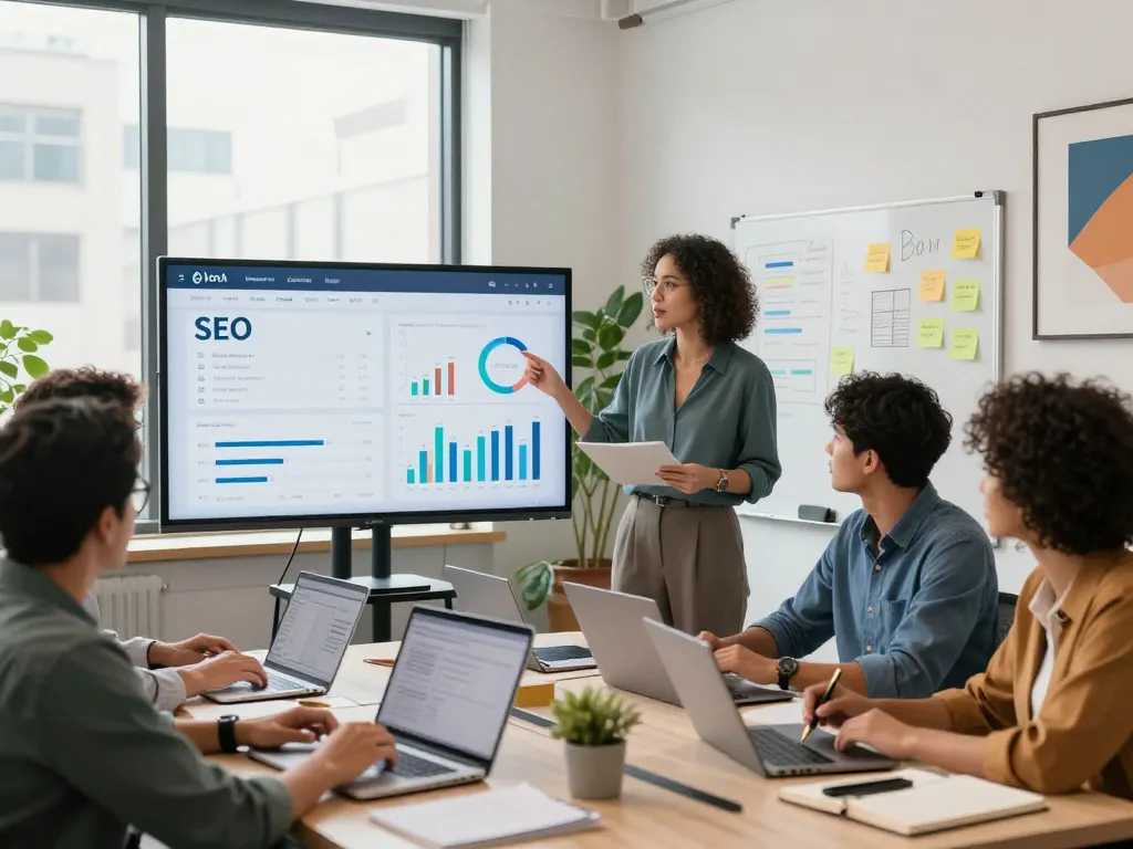 Best SEO Company NYC team strategizing digital marketing solutions in a vibrant office.