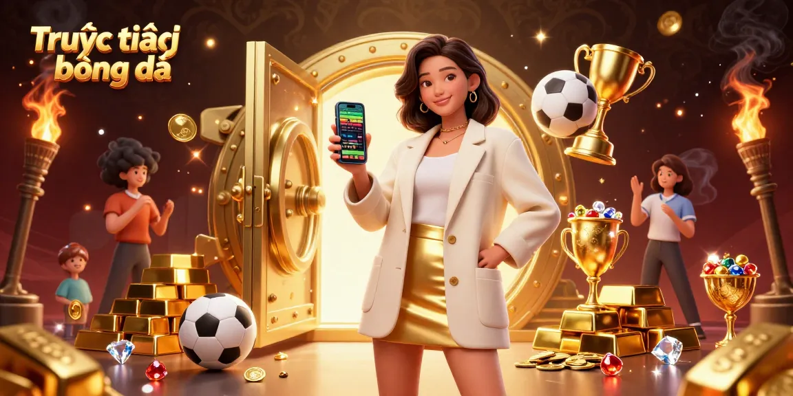 Experience Trực tiếp bóng đá live action with a vibrant Asian woman engaging with a sports betting app amidst a backdrop of riches.