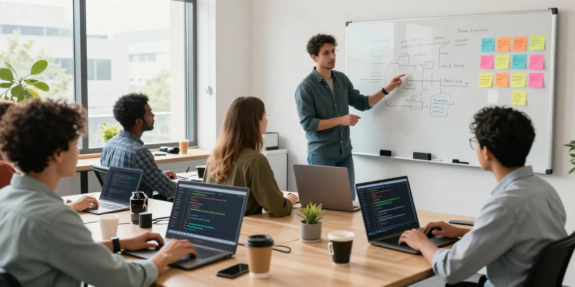 Collaboration at a tech workspace, showcasing diverse developers engaged in coding and teamwork, aligned with teiegramin.com.
