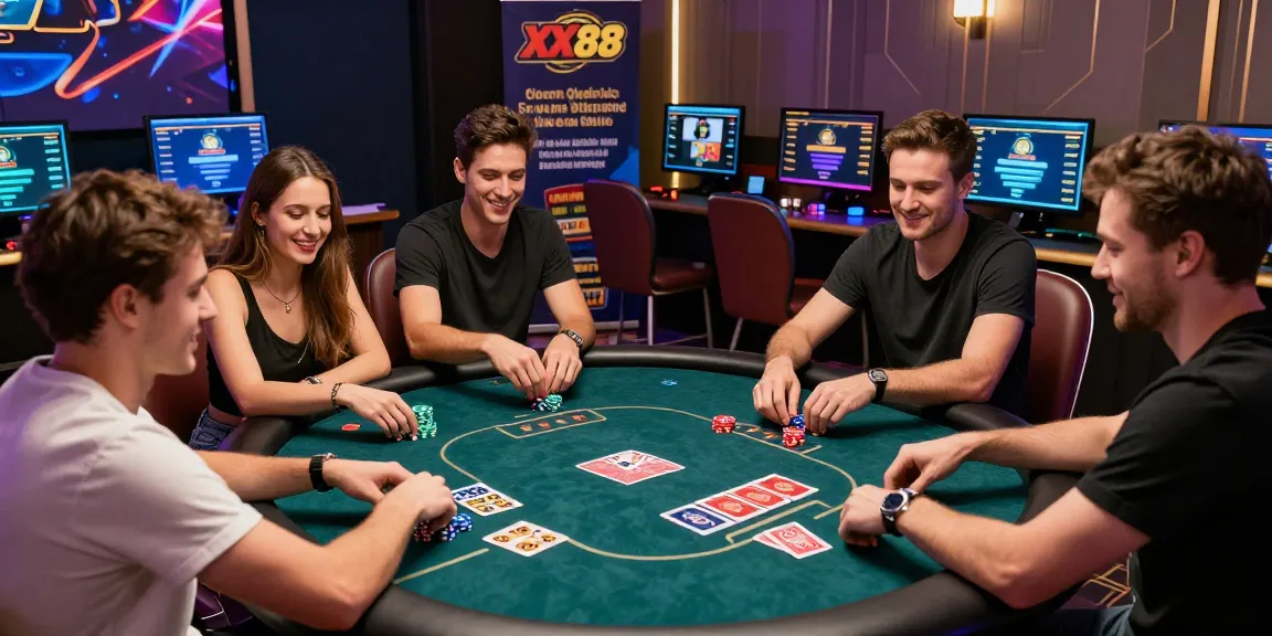 Friends enjoying a lively poker game at XX88, featuring colorful chips and high-tech monitors in a vibrant gaming atmosphere.