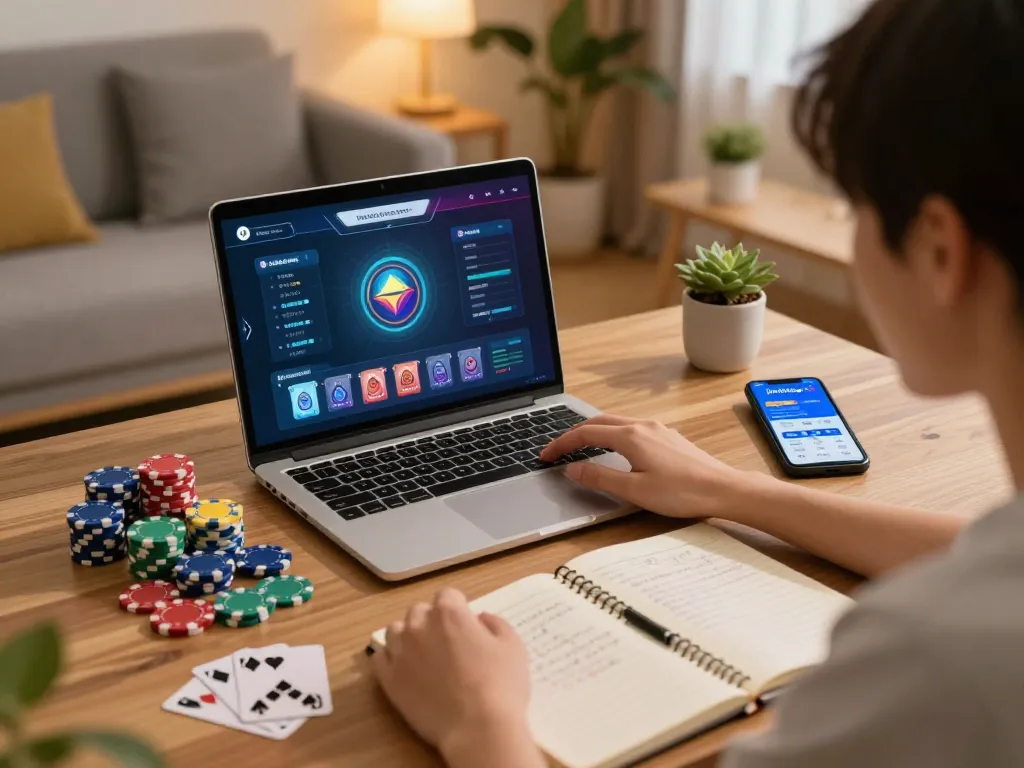 Terlibat dalam taruhan online jalatogel dengan laptop dan catatan strategi di ruang nyaman di rumah