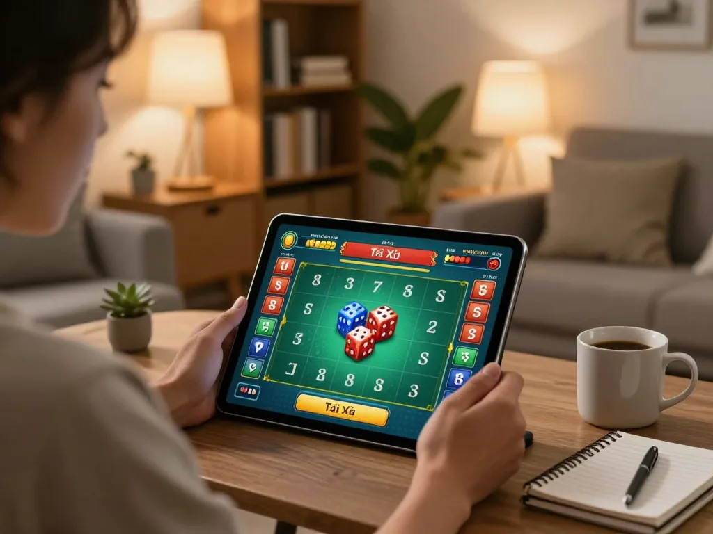 The person plays Tài Xỉu online on their tablet in a stylish home setting, showcasing responsible gaming with taixiuonline8.