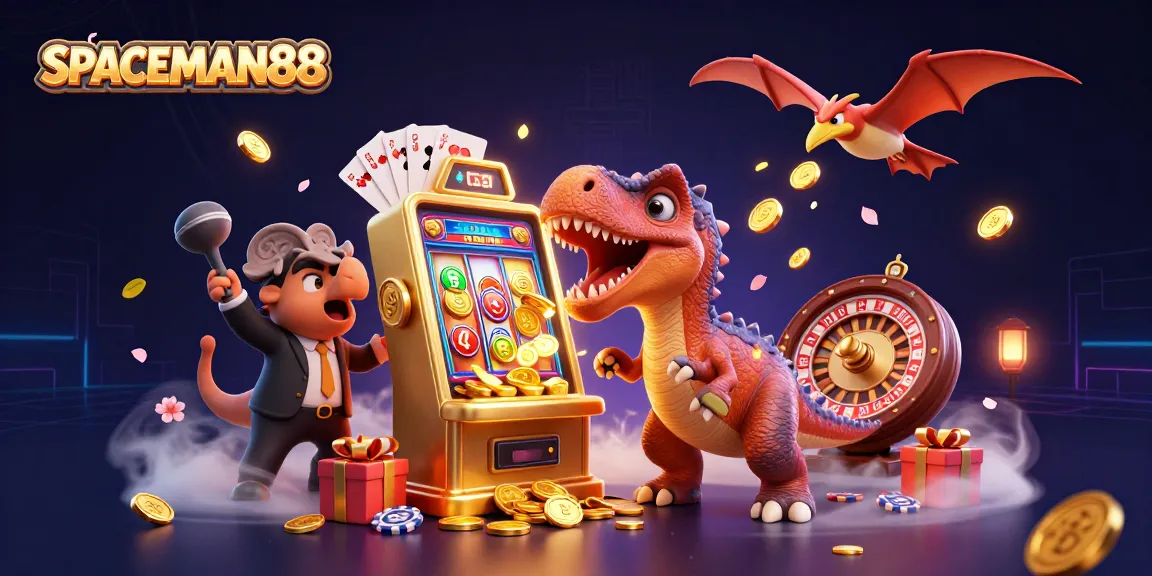 SPACEMAN88 jackpot excitement as a dinosaur wins big at the slot machine in a vibrant casino scene.