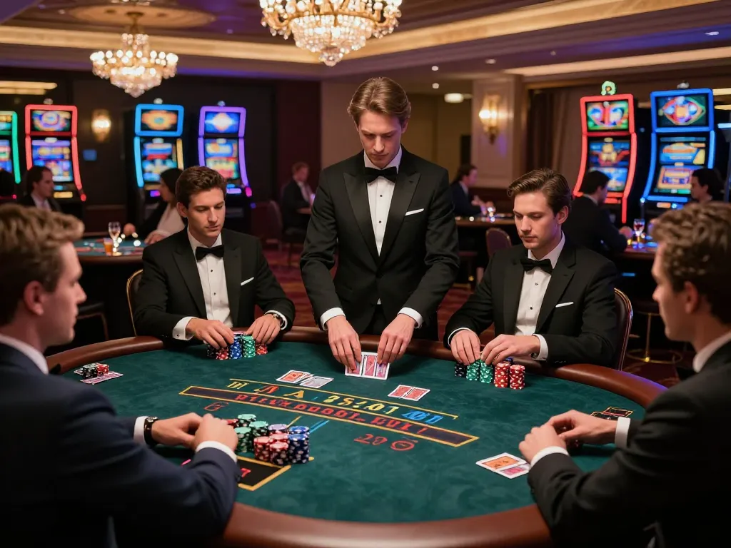 Players engaging in a high-stakes ALO8 blackjack game at a luxurious casino table, showcasing intense strategy.