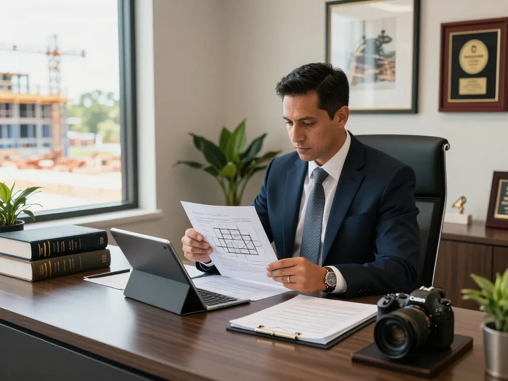 Boca Raton Construction Litigation Lawyer reviewing architectural plans in a modern office environment
