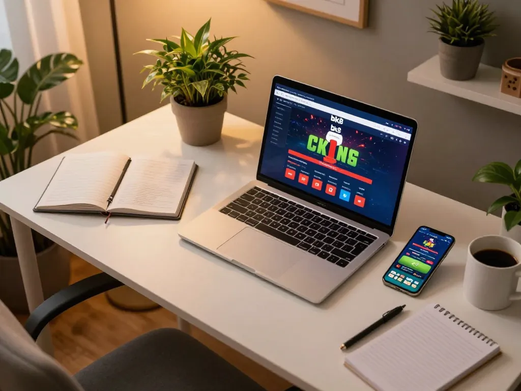 Engaged user playing on bk8 casino platform with laptop and smartphone in cozy setup