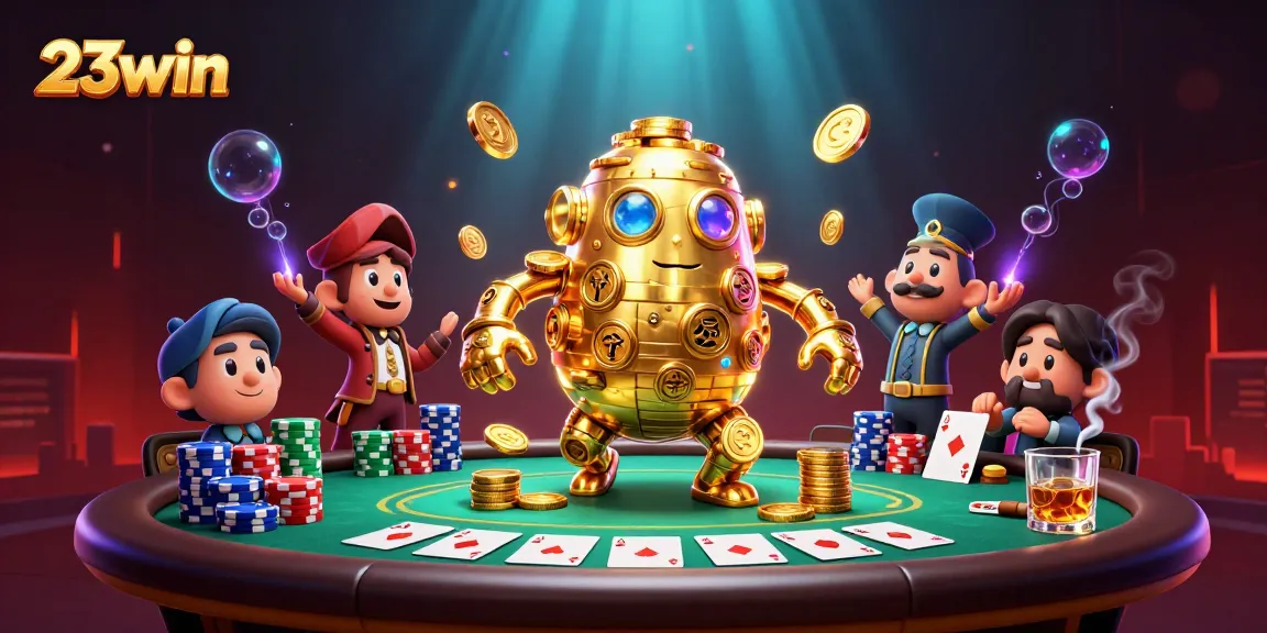 Engage with 23win through an energetic scene of a golden golem amidst vibrant gaming elements.
