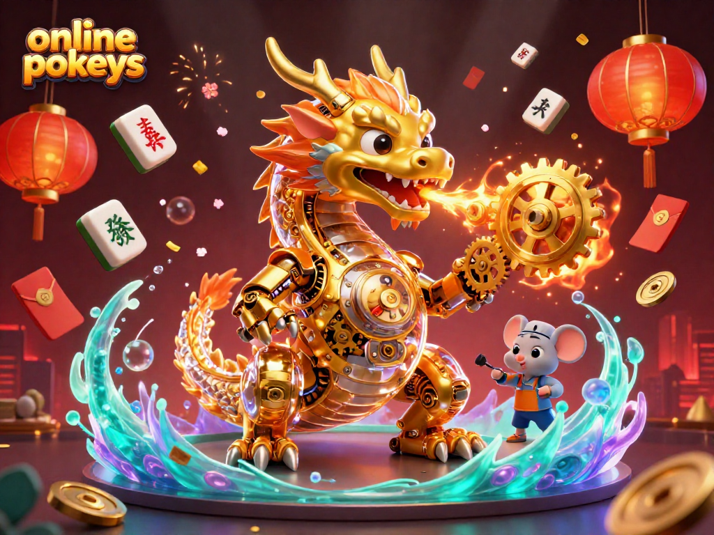 Engage in online pokies with a dynamic 3D illustration featuring a golden dragon and vibrant casino elements.