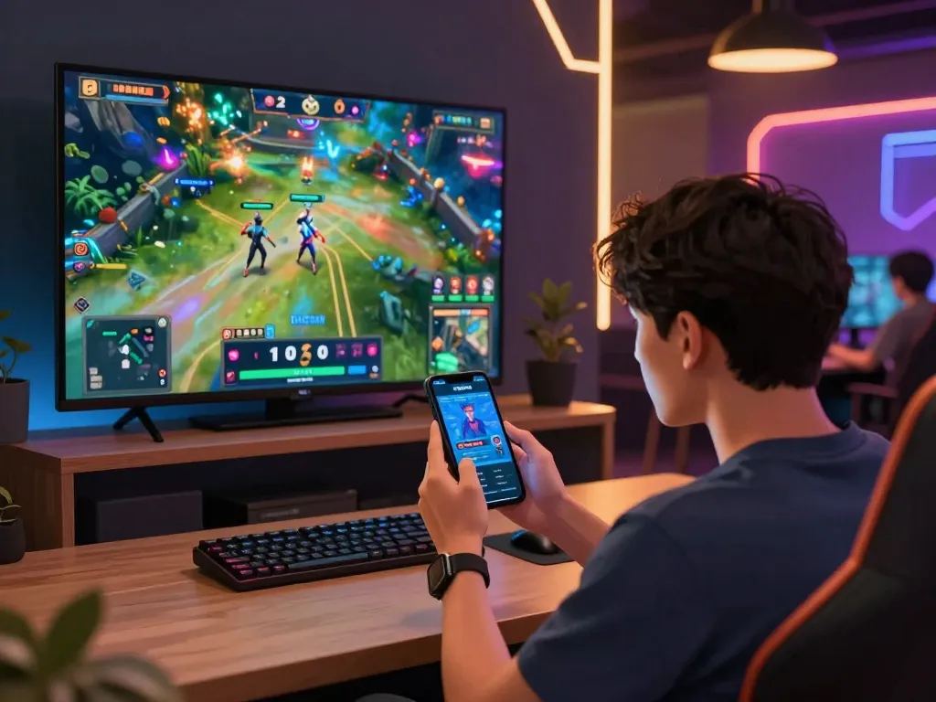 Immersive esports betting singapore scene with a user enjoying live betting on a smartphone during an exciting gaming match.
