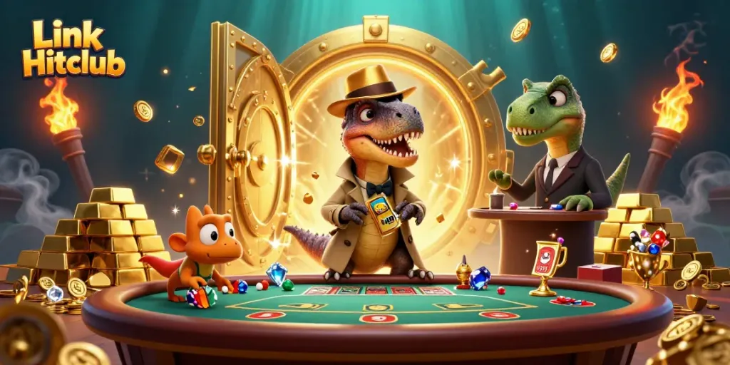 Experience excitement with Link Hitclub as a velociraptor card counter at a vibrant blackjack table.