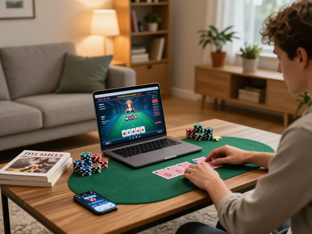 Engaged player using 58win for online poker at a stylish home gaming setup