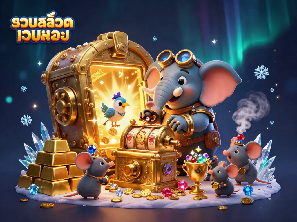 Spin the golden slot machine with the steampunk elephant engineer, showcasing รวมสล็อตเว็บตรง in a vibrant casino scene.