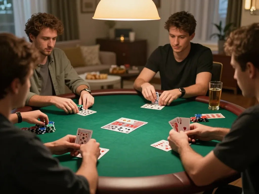 MM88 poker night scene with friends playing cards and enjoying drinks in a cozy home setting.