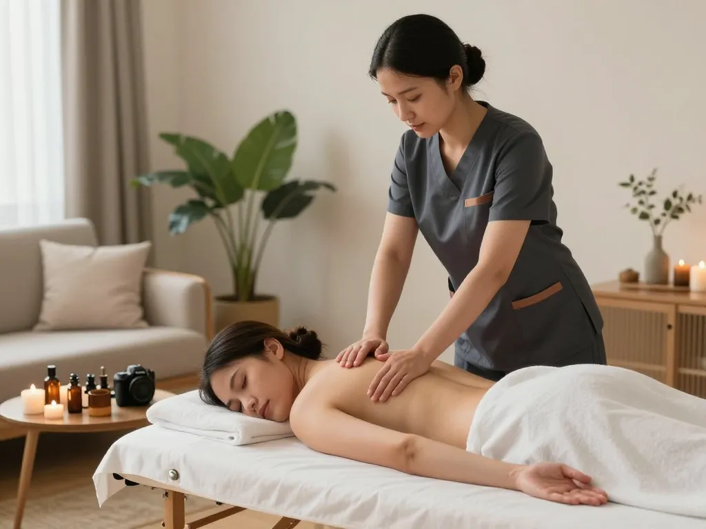 출장 massage therapist providing a relaxing aromatherapy session in a tranquil home setting.