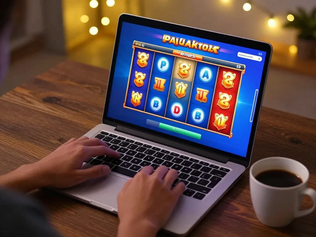 Pajaktoto slot game in action on a laptop, showcasing player engagement and excitement.