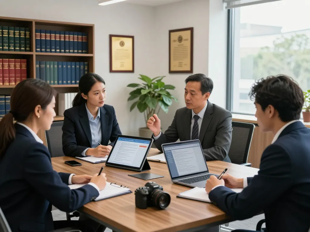 USA lawyers collaborating in a modern law office, discussing a legal case with tablets and documents.
