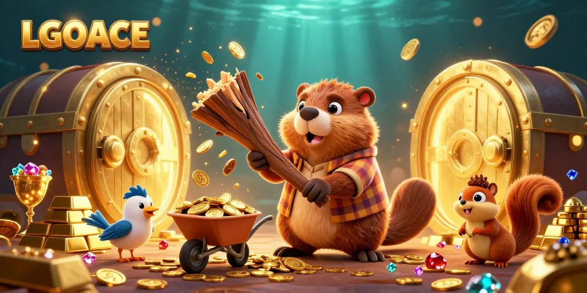 LGOACE promotes engaging casino gaming with a lively scene of a cartoon beaver, bird, and squirrel amidst treasures.