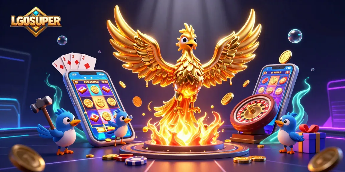 Experience the thrill of LGOSUPER as golden coins rain down from a molten phoenix in a vibrant casino scene.