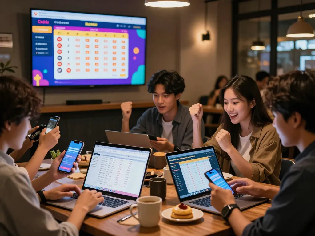 Group of players celebrating Data HK live draw results at a café, showcasing excitement and community spirit.