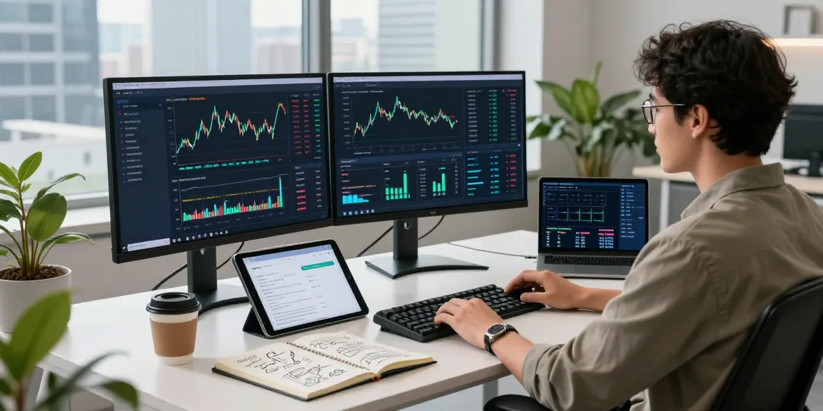 Developer analyzing multi-exchange data interface in a modern fintech workspace.