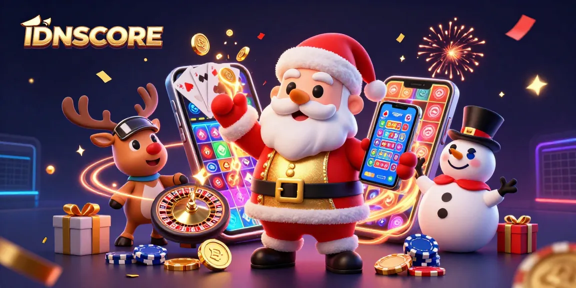 Engage with IDNSCORE's thrilling jackpot slots experience amidst a festive casino atmosphere.