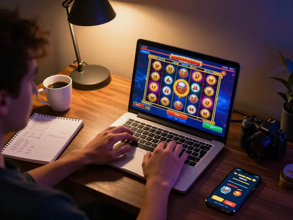 Playing slot games online with a deposit 1000 setup, showcasing an engaging home gaming environment with personal touches.