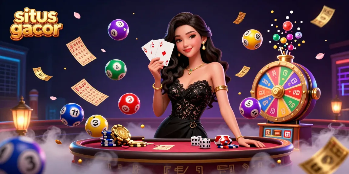 Situs gacor showcases a stunning casino scene with an elegant woman holding playing cards amidst colorful gaming elements and dynamic lighting.