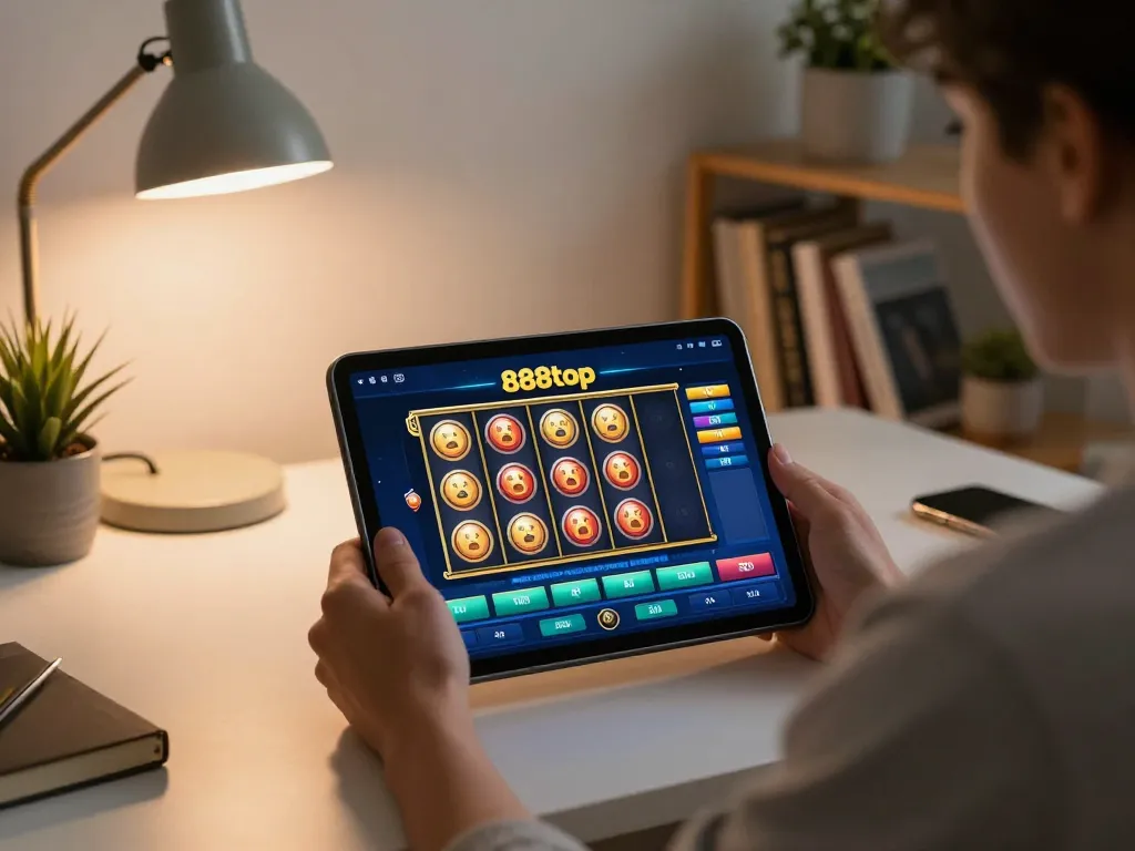 Engaging with the 888top app on a tablet, showcasing an exciting slot game interface in a cozy home environment.