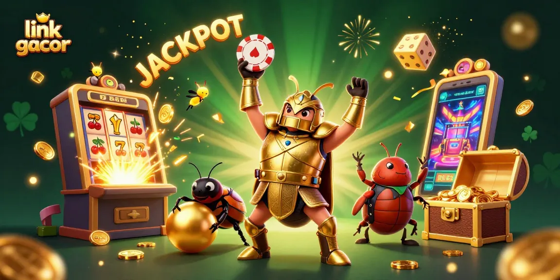 A 3D cartoon hercules beetle showcasing a link gacor victory with poker chips, surrounded by glowing slot machines and jackpot symbols.