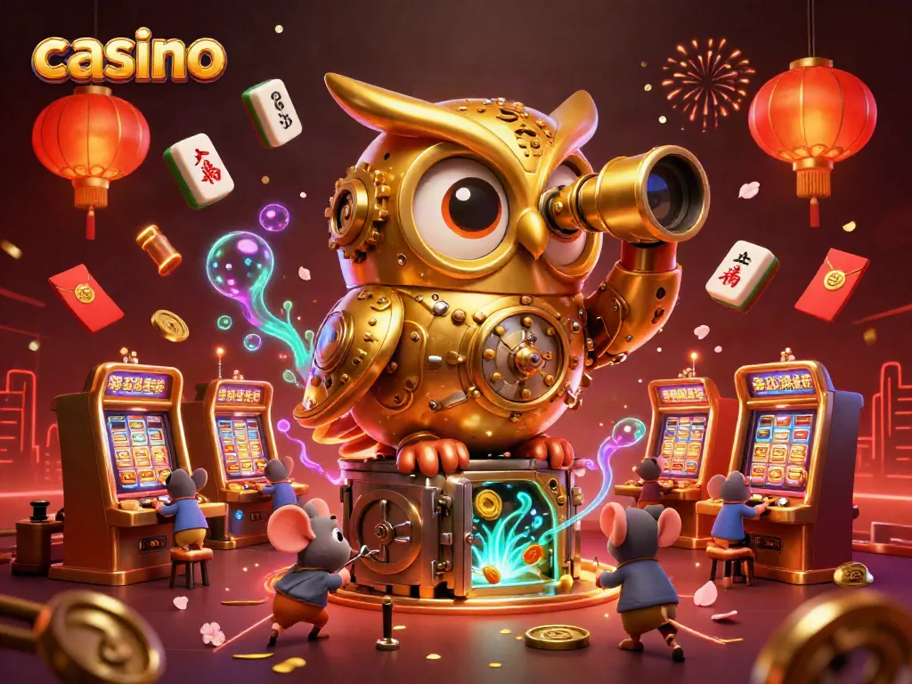 Experience a bustling casino scene with a golden owl overseeing lively games and colorful mahjong tiles.