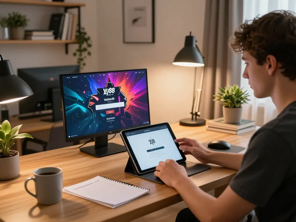 Authentically engaging in online gambling with lv88 login on a tablet in a cozy home office setting.