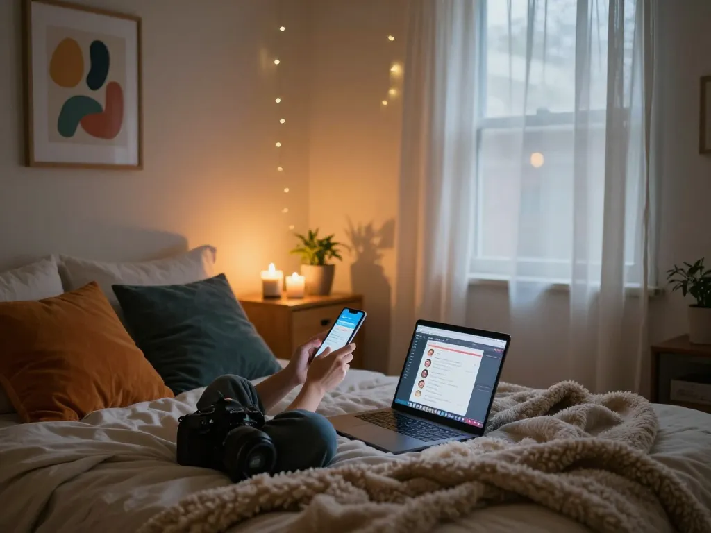 Sexting AI conversation in cozy bedroom, person engaging in playful dialogue on smartphone amidst intimate decor.