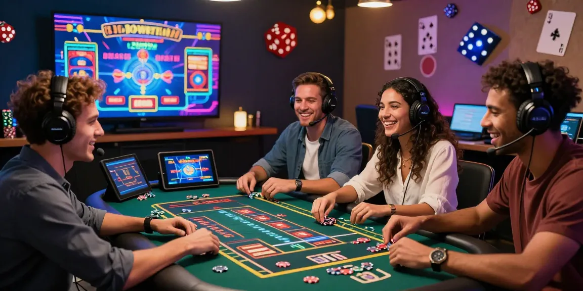 Scène dynamique de jeux en ligne avec des amis profitant ensemble de l'expérience de casino en ligne fiable dans une atmosphère vibrante.