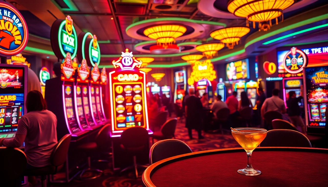 Main feature slot gacor machine yang berkilauan dikelilingi oleh pemain yang bersemangat.