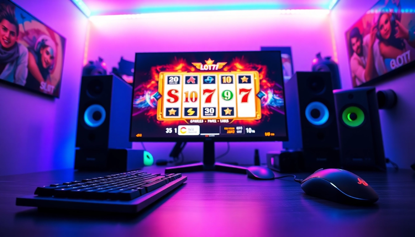 Menampilkan pengalaman bermain Slot77 yang menarik dengan perangkat gaming futuristik.