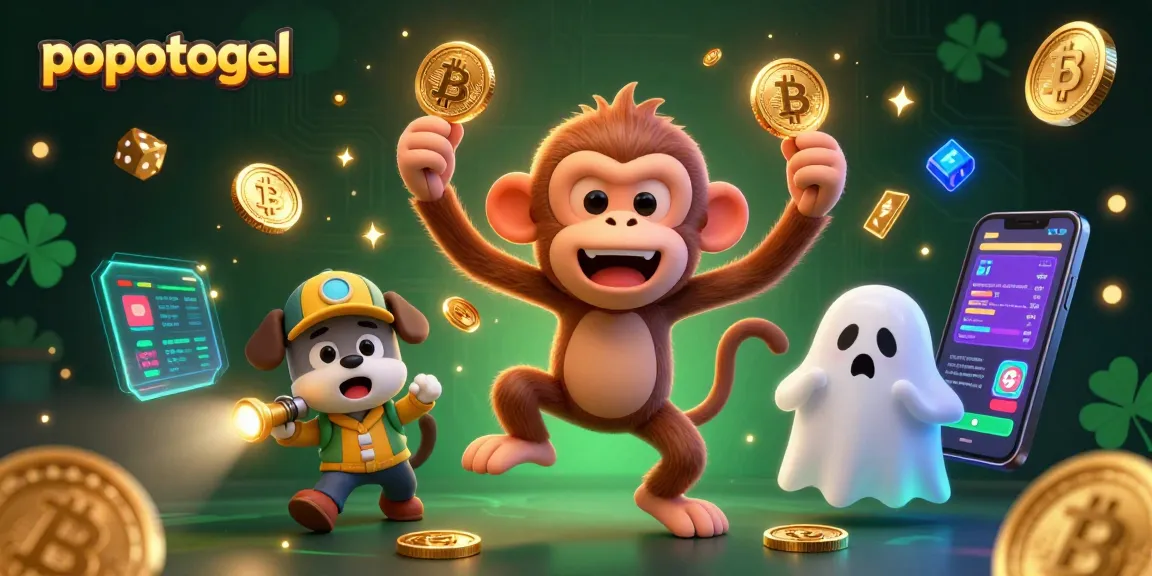 Spinning into fortune with popotogel, a mischievous monkey and ghost-hunter puppy in a vibrant casino scene.