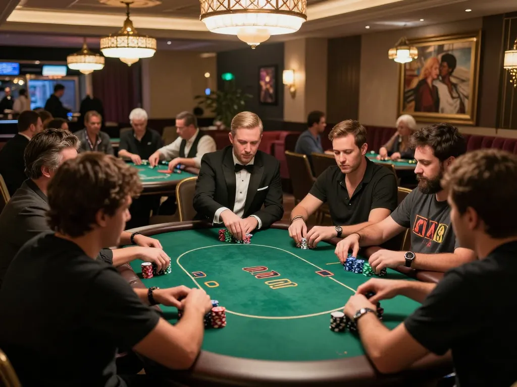 Players strategizing during a poker game at ALO8's upscale gaming lounge.
