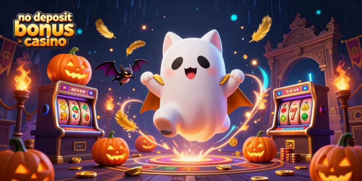 No deposit bonus casino scene featuring a ghost cat, vampire bat, and glowing jack-o-lanterns in a vibrant haunted casino setting.