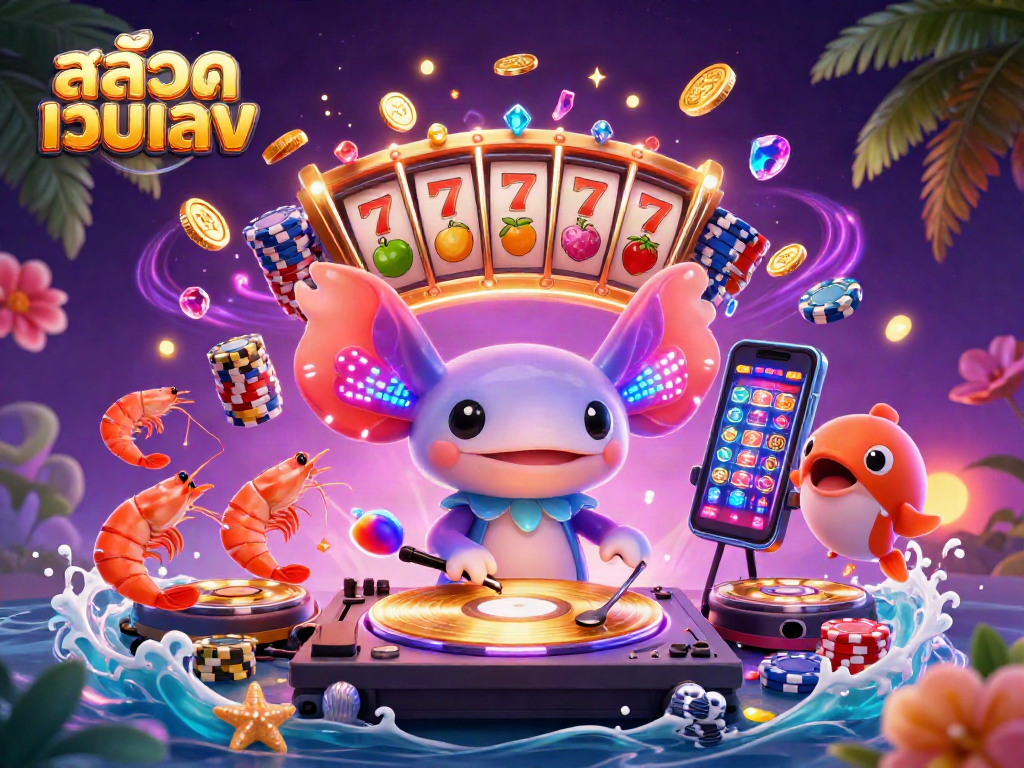 Experience สล็อตเว็บตรง action with a vibrant axolotl DJ, lucky sevens, and lively casino elements.