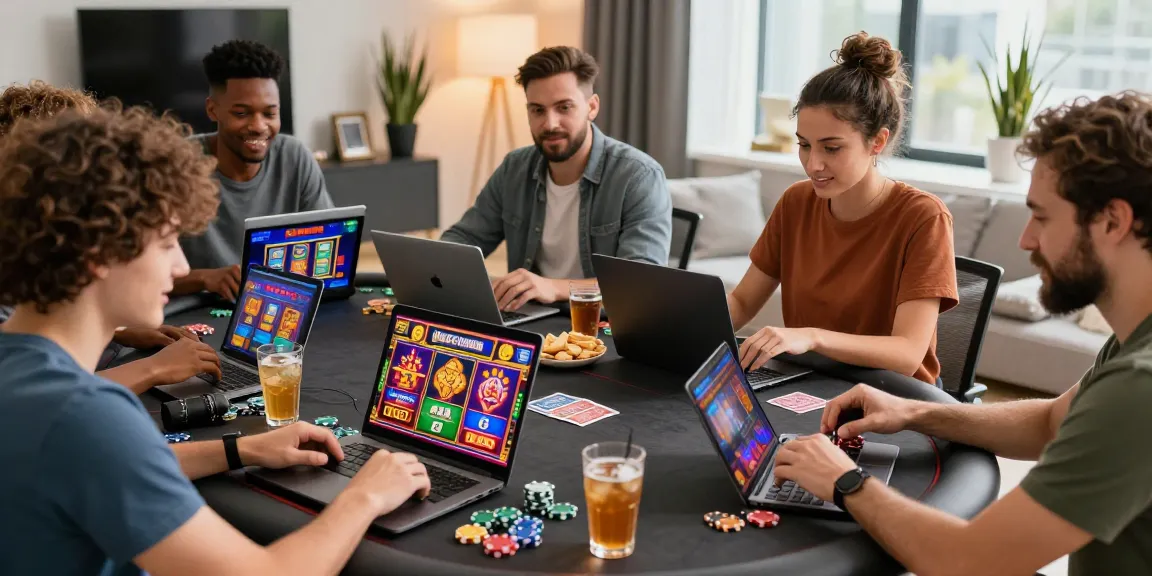 Players enjoying games at credit card casinos with laptops and snacks, creating a lively, engaging atmosphere.