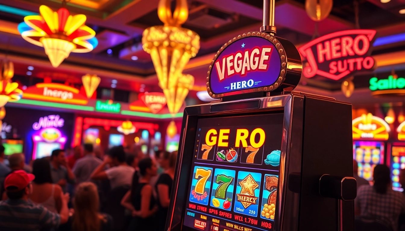Engaged players celebrating near a Vegas hero slot machine in a vibrant casino setting.