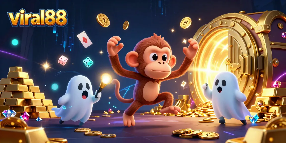 Bermain permainan kasino Viral88 bersama karakter menarik dalam ilustrasi 3D yang dipenuhi harta karun.