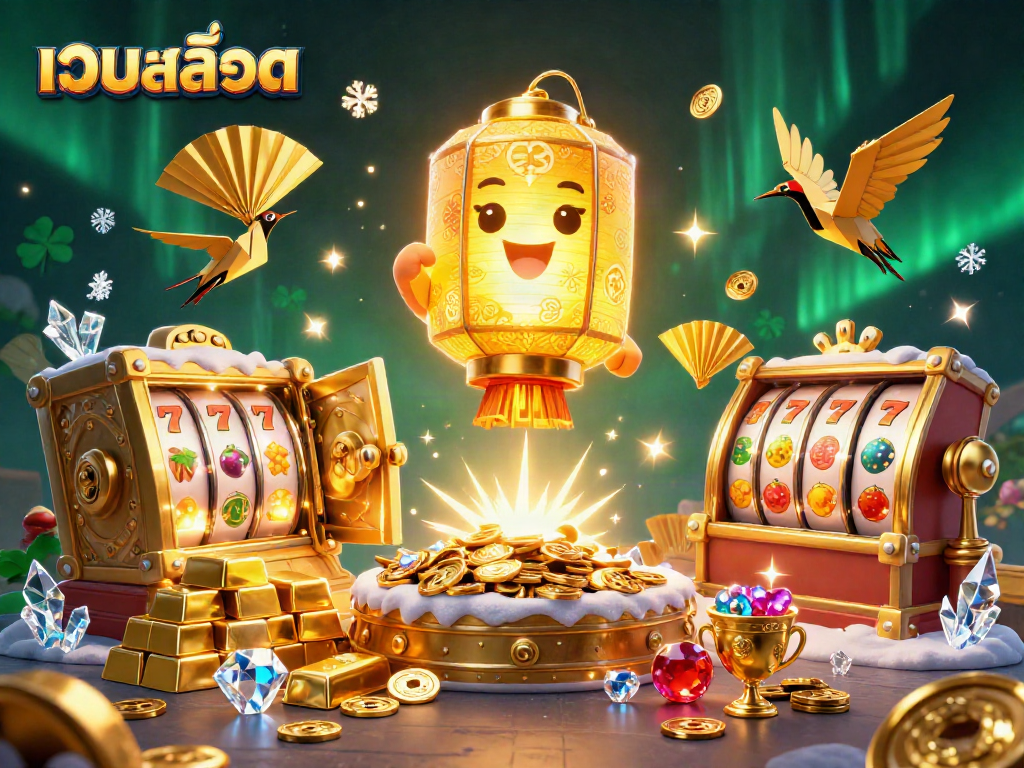 Engage with เว็บสล็อต in this vibrant casino scene featuring golden treasures and dynamic slot reels.