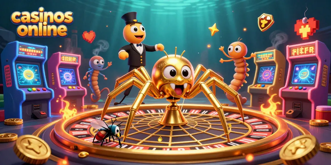 Gira y apuesta en casinos online con una araña dorada y un croupier ciempiés en un ambiente vibrante.
