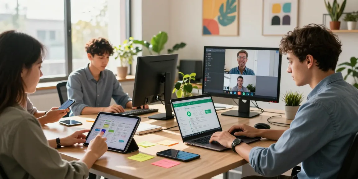 Professional using WhatsApp網頁版 in a modern office setting with collaborative team.