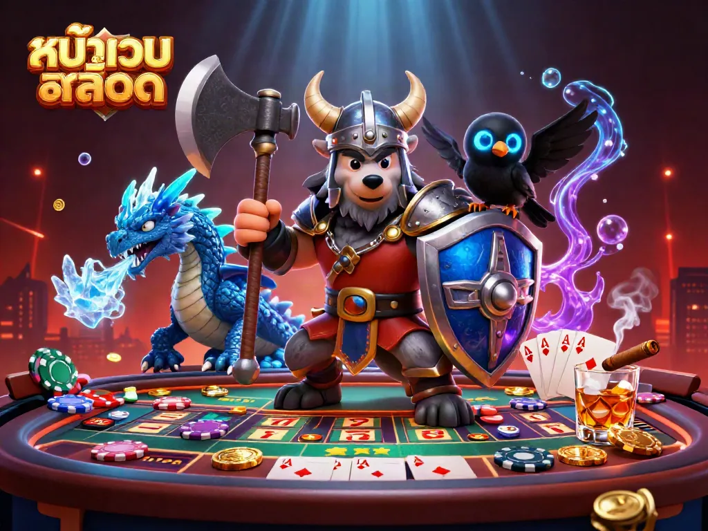 Experience exciting slots at หน้าเว็บสล็อต with Viking warrior, dragon, and vibrant casino elements in action.